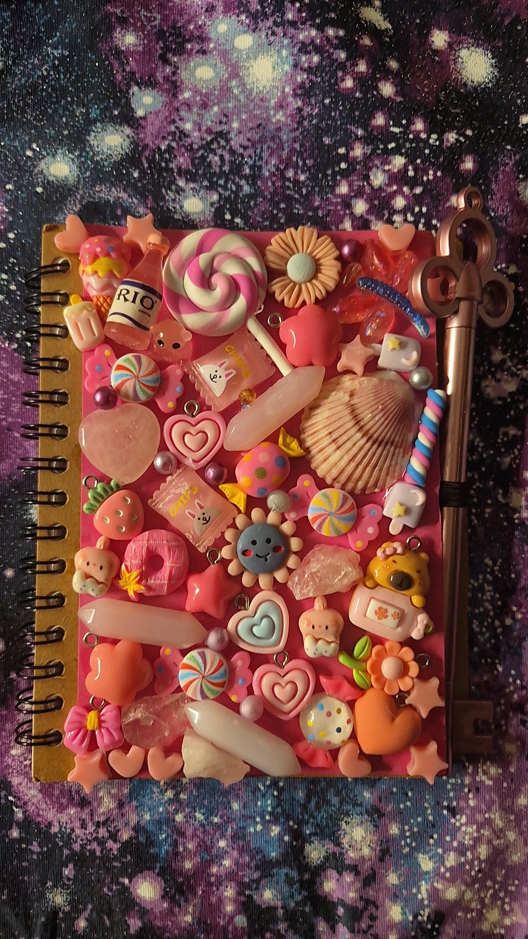 Handmade Kawaii Treasure Journal | Decoden Spiral Notebook with Crystals & Shells