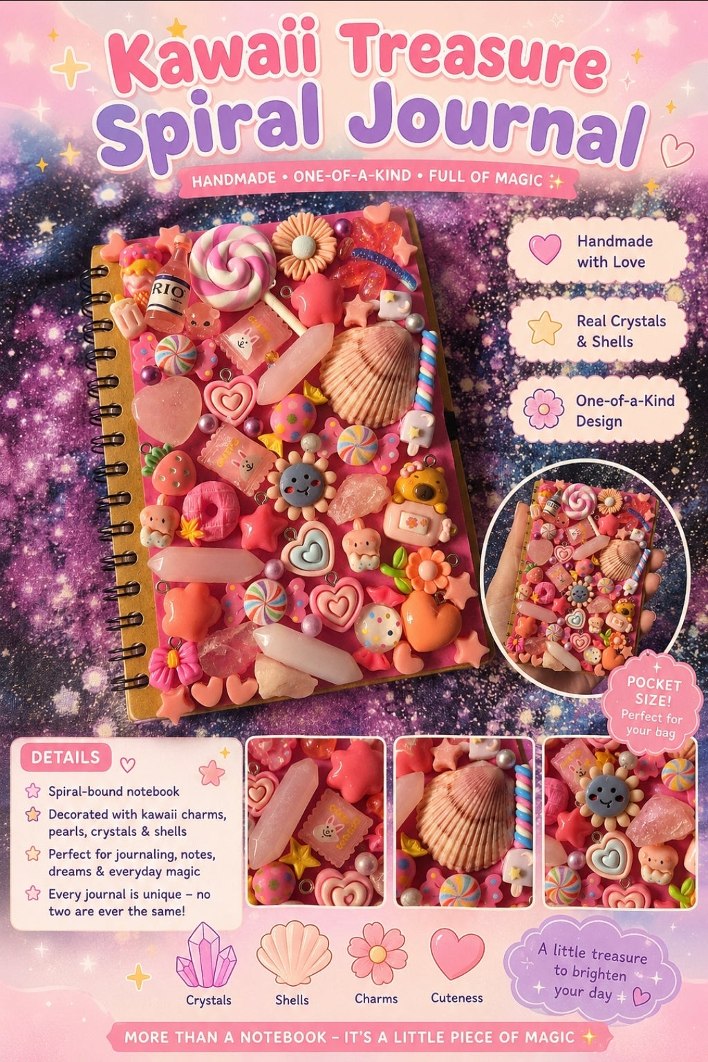 Handmade Kawaii Treasure Journal | Decoden Spiral Notebook with Crystals & Shells